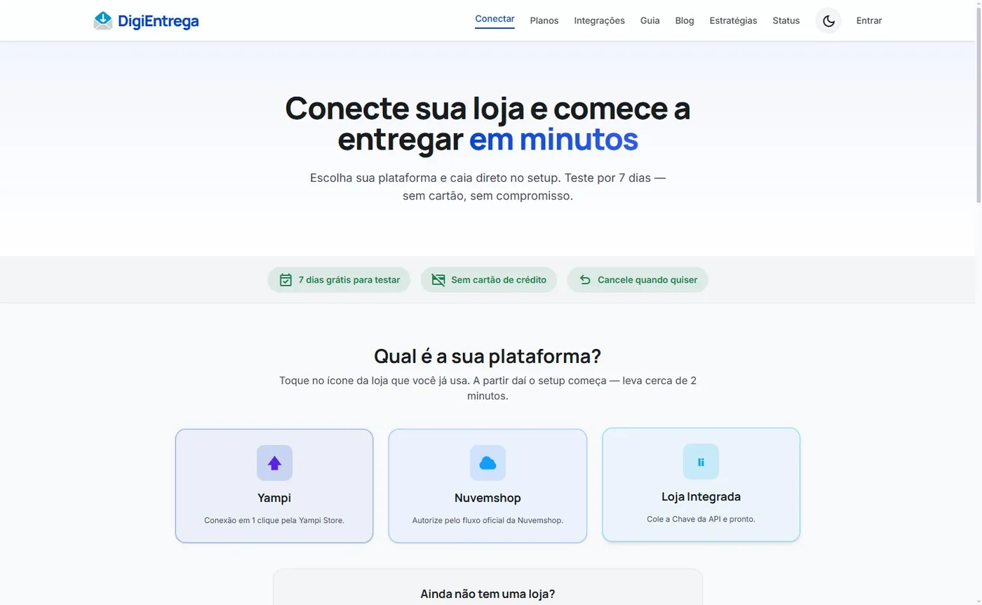 Página Conectar da DigiEntrega com os cards de plataforma, destacando a Loja Integrada: "Cole a Chave da API e pronto"