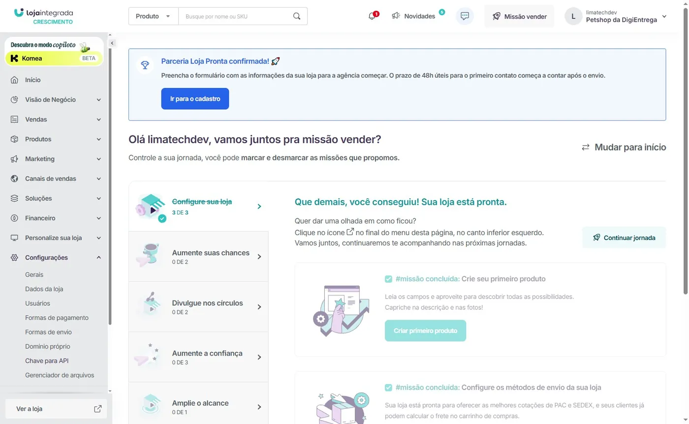 Painel da Loja Integrada com o menu Configurações aberto, mostrando o item "Chave para API"